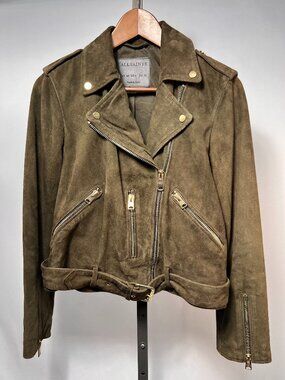 ALL SAINTS Olive Suede Balfern Biker Jacket size 6